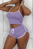 Purple Sexy Sportswear Solid Backless Halter Sleeveless Two Pieces