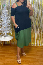 Зеленое модное повседневное платье больших размеров в стиле пэчворк с косым воротником и коротким рукавом
