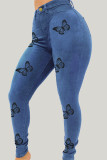 ダークブルーファッションカジュアルバタフライプリントベーシックプラスサイズジーンズ