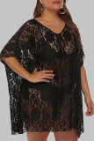 Blusa preta sexy sólida transparente com decote em V plus size moda praia vestido