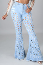 Светло-голубые модные повседневные сплошные выдолбленные джинсы с высокой талией