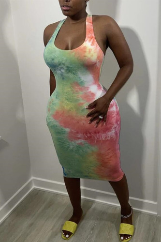 Multicolor Fashion Sexy Tie Dye Printing U Neck Vest Dress