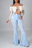 Black Fashion Casual Solid Hollowed Out High Waist Regular Hole Flare Leg Jeans