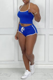 Blue Sexy Sportswear Solid Backless Halter Sleeveless Two Pieces