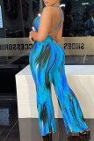 Синий модный сексуальный принт с открытой спиной Спагетти ремень Обычные комбинезоны