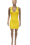 Yellow Sexy Solid Patchwork V Neck A Line Dresses