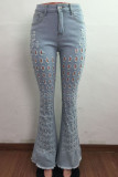 The cowboy blue Fashion Casual Solid Hollowed Out High Waist Regular Hole Flare Leg Jeans