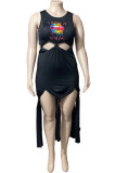 Black Sexy Casual Plus Size Print Tassel Ripped O Neck Vest Dress