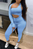 Blauwe mode sexy effen uitgeholde skinny jumpsuits met één schouder