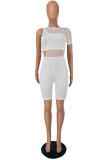 White Fashion Sexy Solid Hollowed Out See-through O Neck Short Sleeve Two Pieces