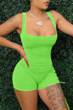 Macacão skinny verde fluorescente sexy casual atadura sólida sem costas decote em U
