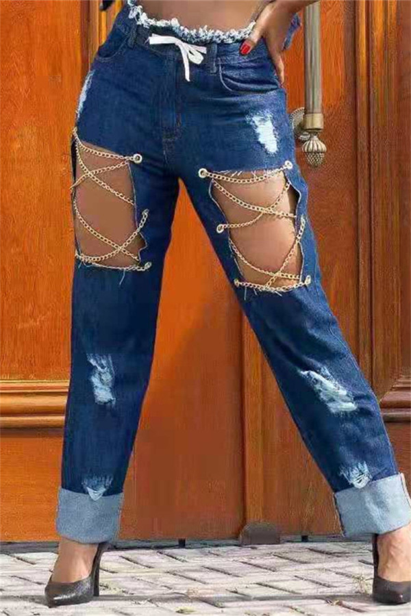 Vaqueros regulares de cintura alta con cadenas ahuecadas rasgadas sólidas informales de moda azul