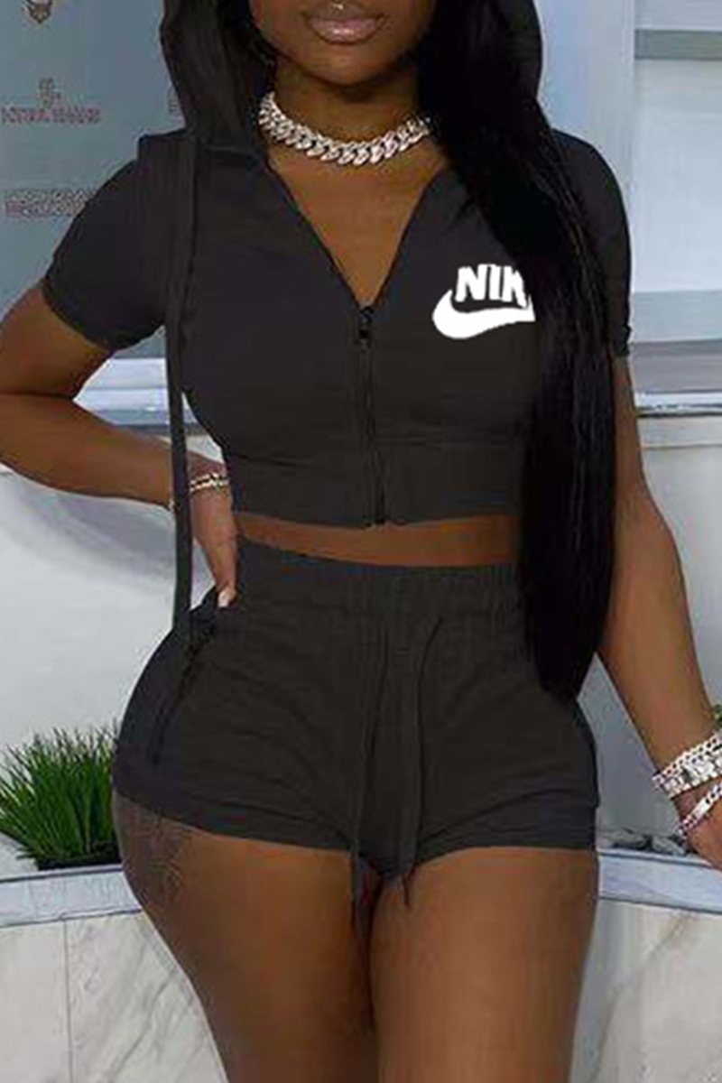 

Black Fashion Casual Solid Embroidered Hooded Collar Short Sleeve Two Pieces