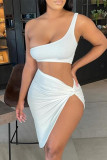 White Fashion Sexy Solid Asymmetrical One Shoulder Sleeveless Two Pieces