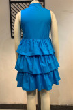Синее модное повседневное однотонное лоскутное платье без рукавов больших размеров