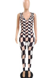 Black And White Sexy Print Patchwork V Neck Skinny Jumpsuits