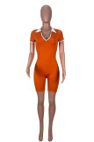 Оранжевый модный повседневный однотонный базовый комбинезон с отложным воротником и короткими рукавами