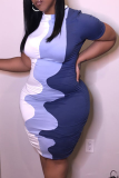 Bleu profond sexy bloc de couleur patchwork demi-jupe crayon à col roulé robes de grande taille