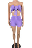 Purple Sexy Casual Solid Hollowed Out Patchwork Frenulum Knotted Strapless Sleeveless Two Pieces