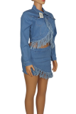 Blue Sexy Solid Tassel Turndown Collar Long Sleeve Two Pieces