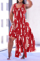 Red Sexy Print High Opening Spaghetti Strap Plus Size Two Pieces