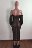 Vestido longo preto sexy sólido vazado transparente sem costas e sem alças