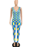 Yellow And Blue Sexy Print Patchwork V Neck Skinny Jumpsuits