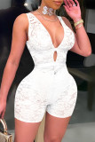 White Fashion Sexy Solid Hollowed Out See-through V Neck Skinny Romper