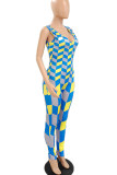 Yellow And Blue Sexy Print Patchwork V Neck Skinny Jumpsuits