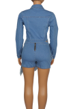 Blue Sexy Solid Tassel Turndown Collar Long Sleeve Two Pieces