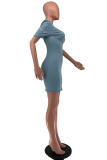 ライト ブルー セクシー ソリッド パッチワーク スクエア カラー ペンシル スカート ドレス