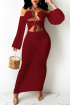 Burgundy Sexy Solid Hollowed Out See-through Backless Strapless Long Dress