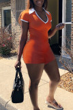 Оранжевый модный повседневный однотонный базовый комбинезон с отложным воротником и короткими рукавами