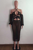 Black Sexy Solid Hollowed Out See-through Backless Strapless Long Dress