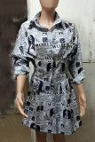 Schwarze Hemdblusenkleider mit Street-Print und Patchwork-Umlegekragen