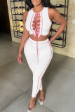 White Fashion Sexy Patchwork Bandage Hollowed Out O Neck Sleeveless Two Pieces
