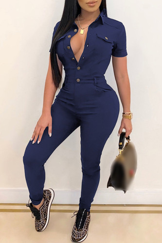 Deep Blue Fashion Casual Solid Buttons Turndown Collar Skinny Jumpsuits