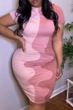Roze sexy kleurblok patchwork halve col kokerrok plus maten jurken