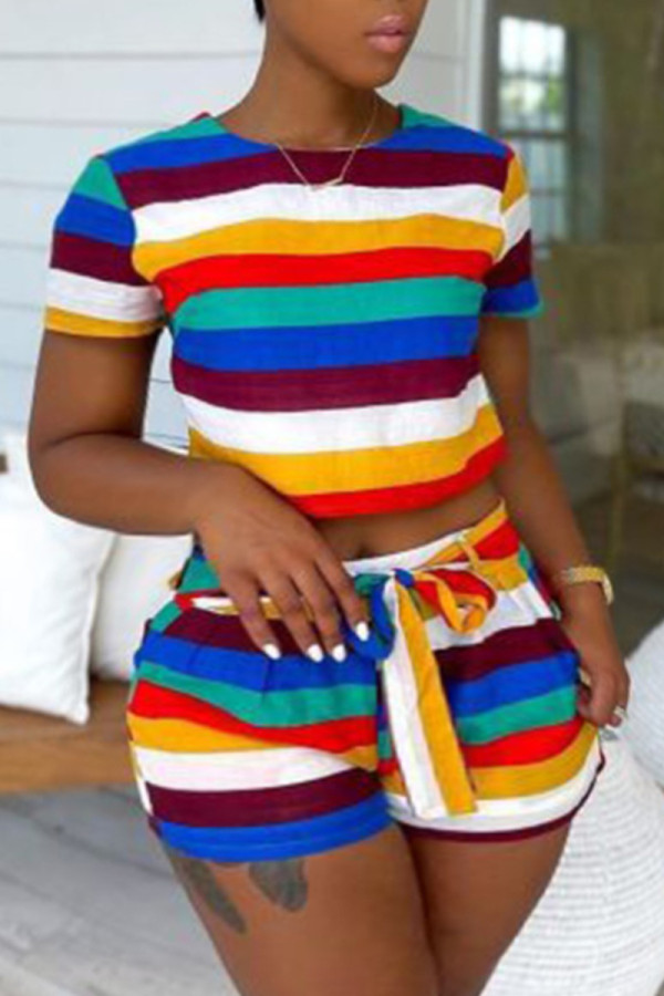 Цветная повседневная полосатая повязка с принтом в стиле пэчворк с круглым вырезом и коротким рукавом из двух частей
