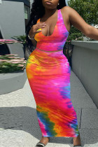 Multicolor Rainbow Sexy Casual Tie Dye Printing U Neck Sleeveless Two Pieces Tank Crop Tops And Pants Sets