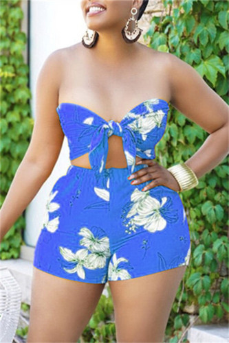 Blue Fashion Sexy Print Bandage Backless Strapless Sleeveless Two Pieces