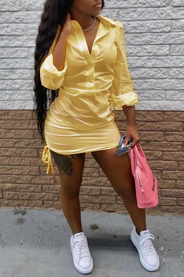 Gelb Mode Sexy Regular Sleeve Langarm Umlegekragen Hemdkleid Mini Solid Kleider