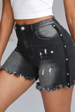 Black Casual Gradual Change Patchwork Mid Waist Skinny Denim Shorts