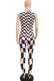 Black And White Sexy Print Patchwork V Neck Skinny Jumpsuits