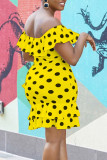 Gelbe, schulterfreie A-Linien-Kleider mit süßem Print, Polka Dot und Patchwork-Volant