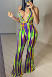 Red Sexy Casual Striped Print Backless Strap Design V Neck Regular Jumpsuits