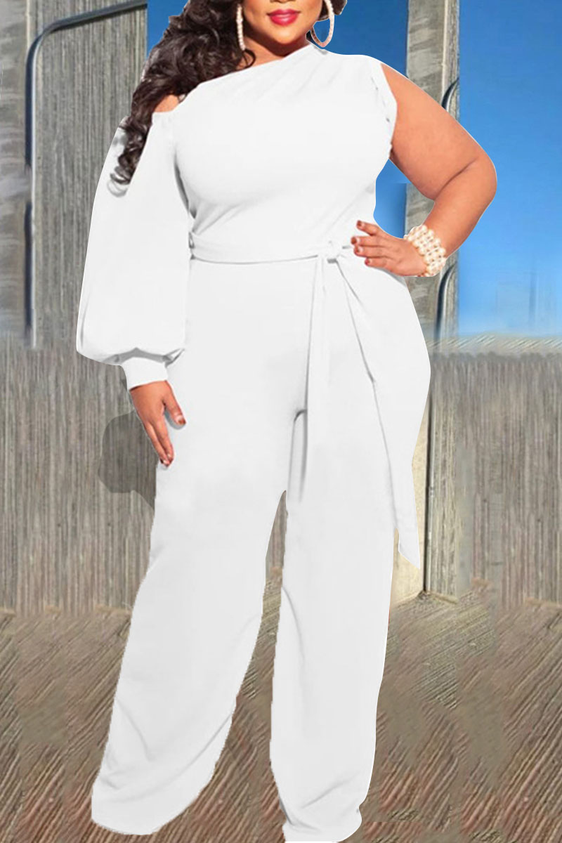 

White Sexy Solid Bandage Split Joint Asymmetrical Collar Plus Size Jumpsuits