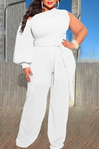 White Sexy Solid Bandage Split Joint Asymmetrical Collar Plus Size Jumpsuits