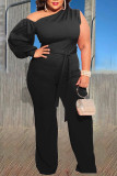 Black Sexy Solid Bandage Patchwork Asymmetrical Collar Plus Size Jumpsuits