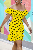 Gele zoete print polkadot patchwork ruches off-shoulder A-lijn jurken